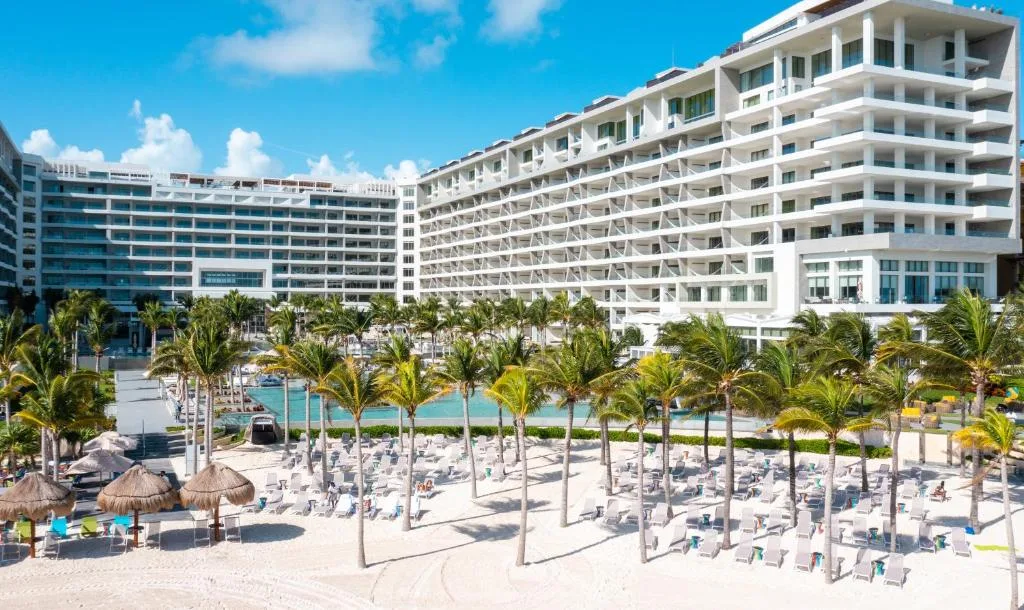 Resort towers above the beach club