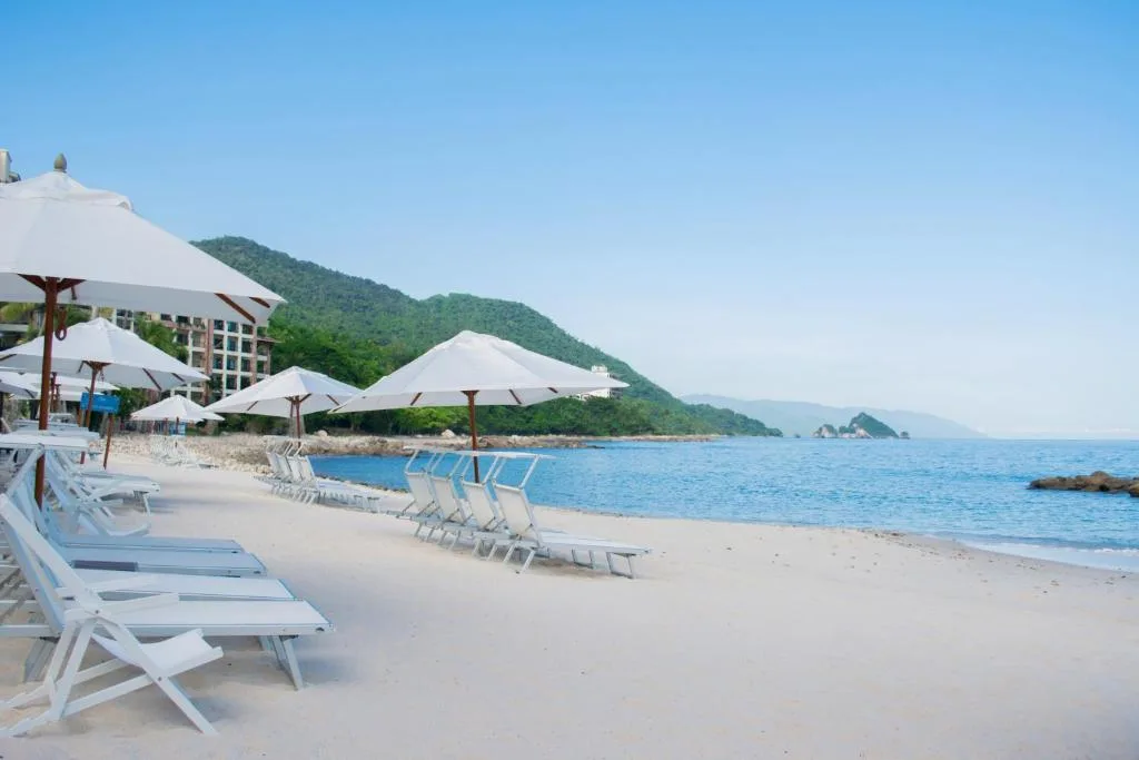 White-sand beach with loungers and umbrellas