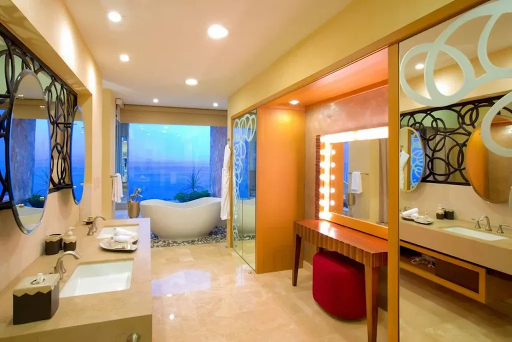 Master bathroom with free-standing soaking tub and ocean view